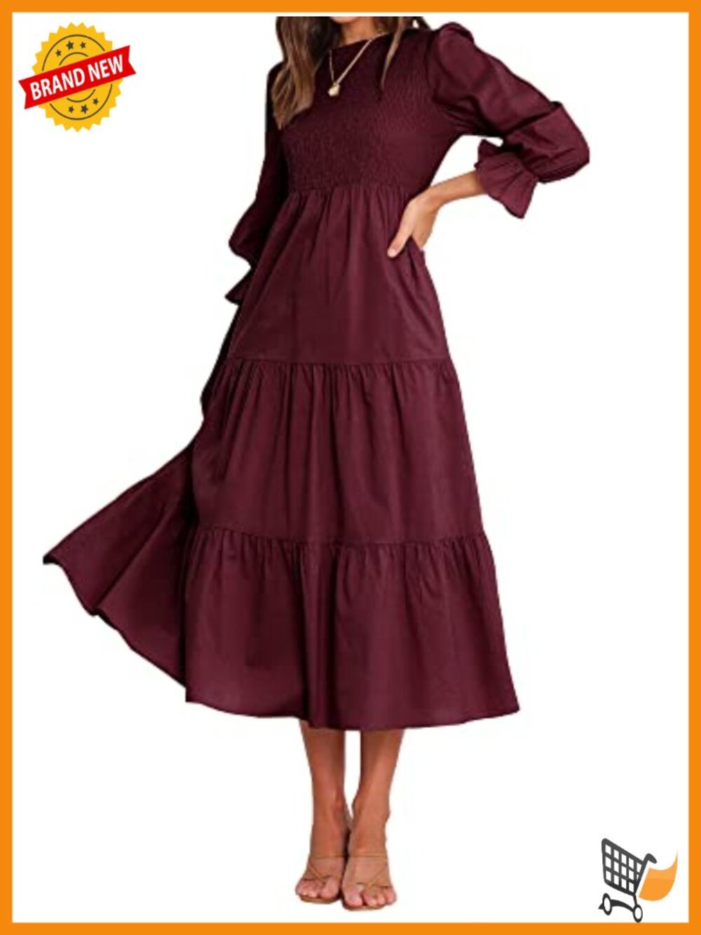 Women Long Sleeve Crew Neck Flowy Maxi Dress Relaxed Fit Boho Ruffle Hem Tiered
